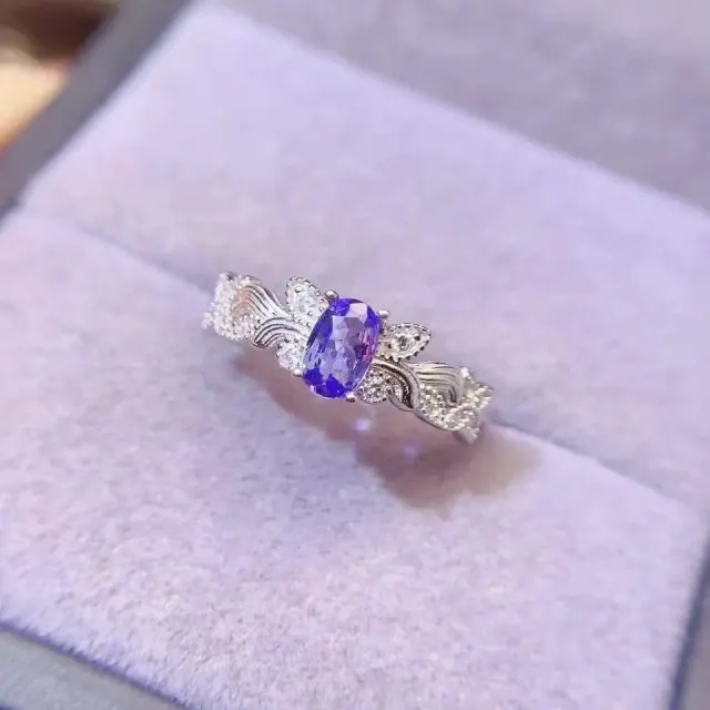 Sterling Silver Tanznaite 4mm*6mm 0.5ct Natural Tanzanite Jewelry Real 925 Silver Jewelry Ring