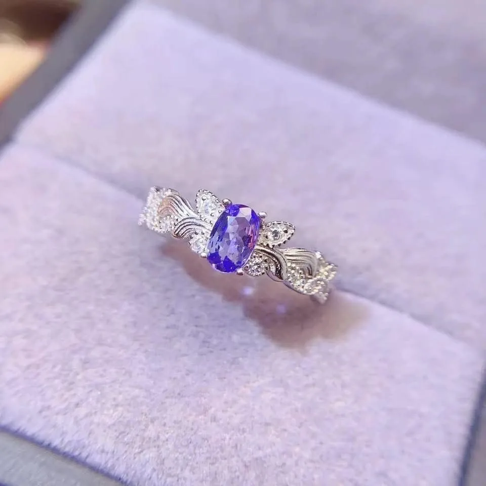 Sterling Silver Tanznaite 4mm*6mm 0.5ct Natural Tanzanite Jewelry Real 925 Silver Jewelry Ring