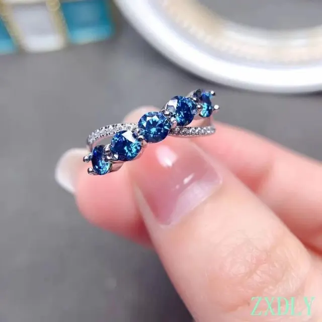 Blue Moissanite Jewelry 925 Sterling Silver Ring