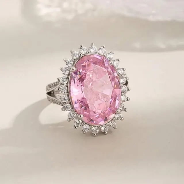 926 Sterling Silver Oval Cut 12*16 MM Padparadscha Diamond Rings