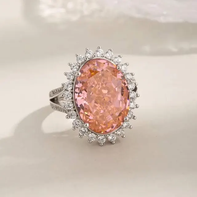 925 Sterling Silver Oval Cut 12*16 MM Padparadscha Diamond Rings