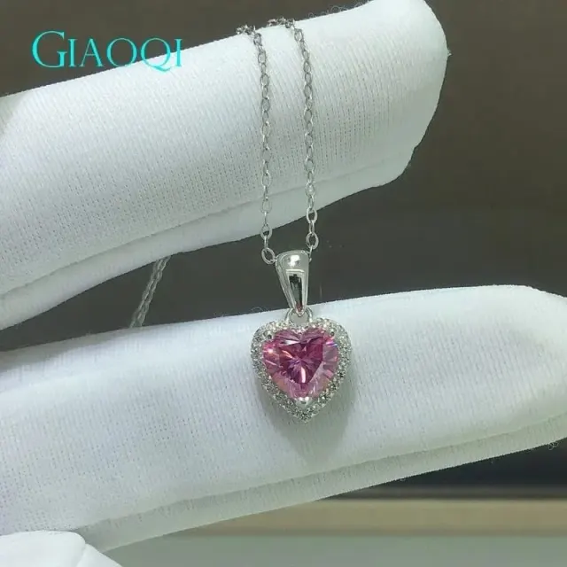 S925 Silver 1 Carat Excellent Cut Pink Heart Moissanite Pendant Necklace