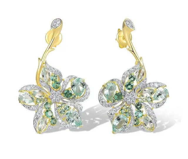 925 Sterling Silver Dangling Sparkling Green Spinel Flower Earrings