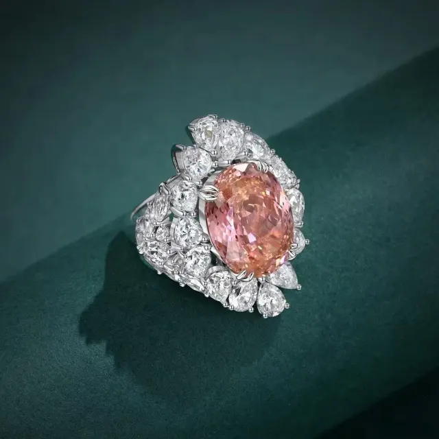 925 Sterling Silver Oval 13 CT Created Padparadscha Citrine White Sapphire Ring
