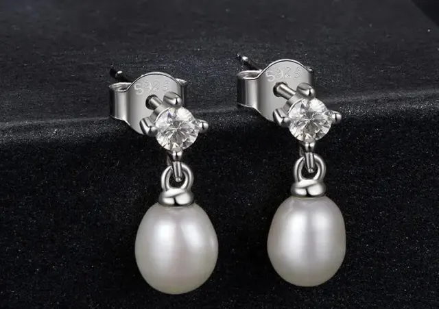 White Gold Plated Moissanite Freshwater Pearl Earrings 925 Sterling Silver Elegant