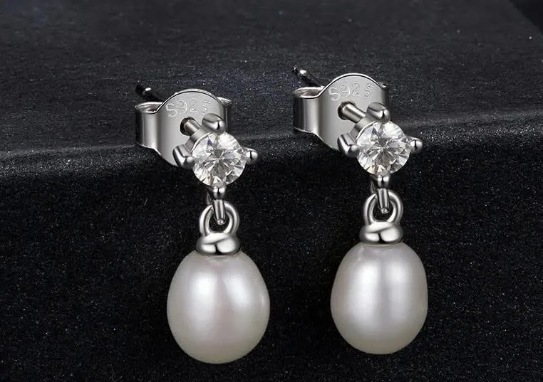 White Gold Plated Moissanite Freshwater Pearl Earrings 925 Sterling Silver Elegant
