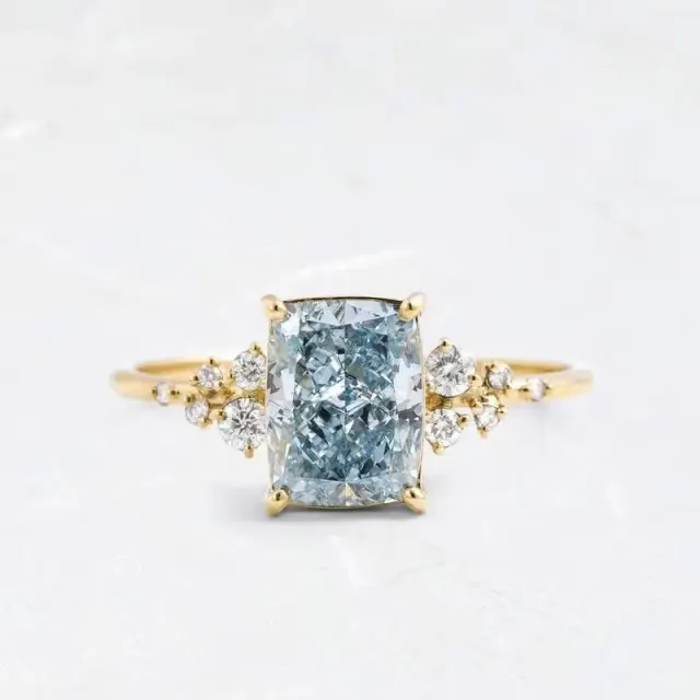 Blue Cushion Diamond Ring With Zero Emissions Diamond Ring 14K/18k Yellow Gold IGI Certificated Ring