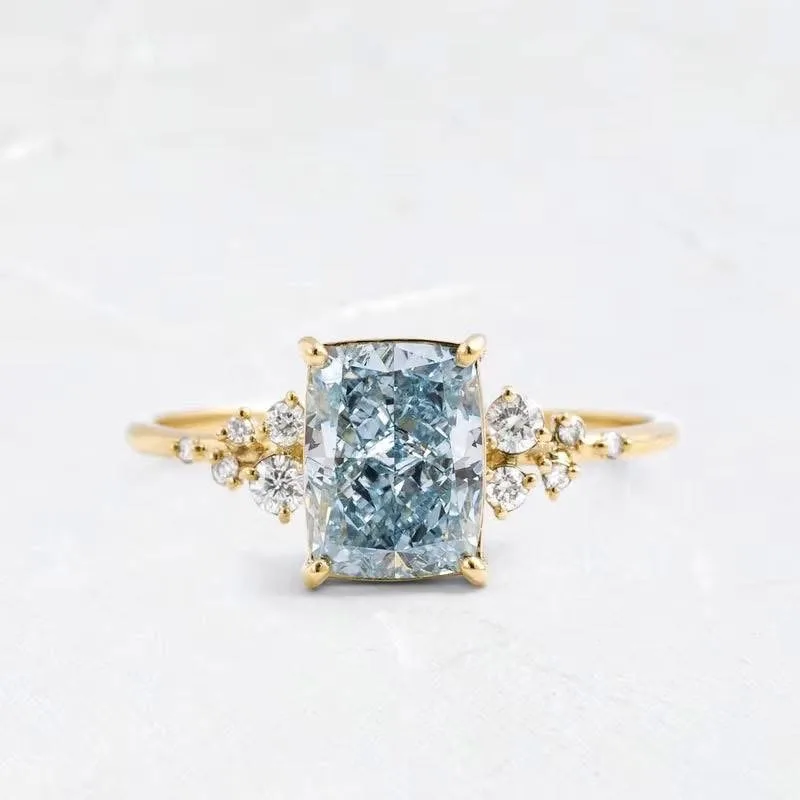 Blue Cushion Diamond Ring With Zero Emissions Diamond Ring 14K/18k Yellow Gold IGI Certificated Ring