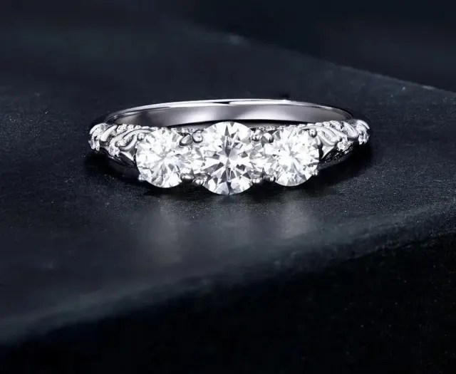 1.1CTTW Round Moissanite Ring, White Gold Plated D Color 925 Sterling Silver