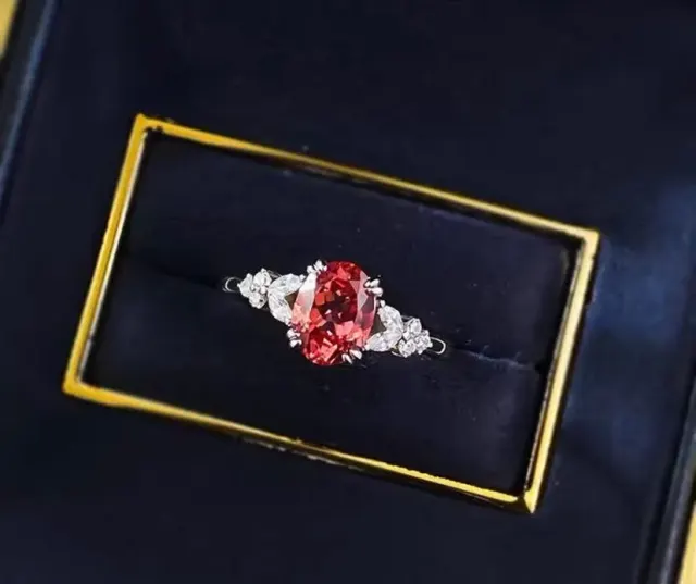 925 Sterling Silver Oval Cut 6*8MM Padparadscha Diamond Gem Ring